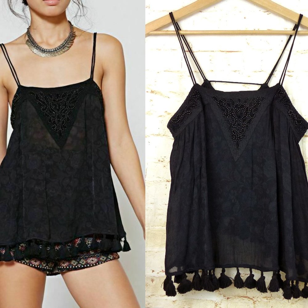 Urban Outfitters Ecote Cami Top Women S Black Floral Bead Tassel Romantic Goth
